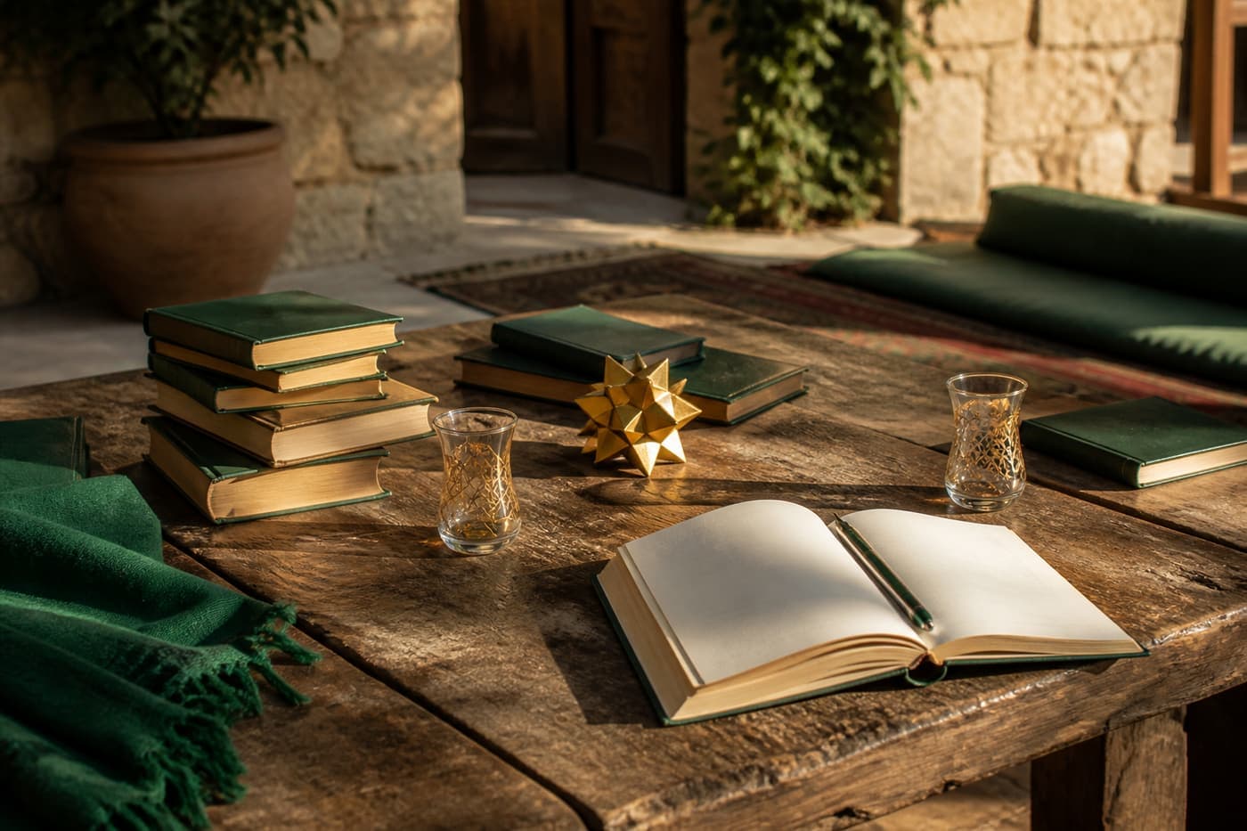 كتب ودفتر على منضدة هادئة